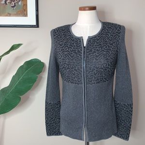 Stizzoli Wool Blend Zip Front Cardigan Sweater, Gray/Black Metallic Design, Sz M